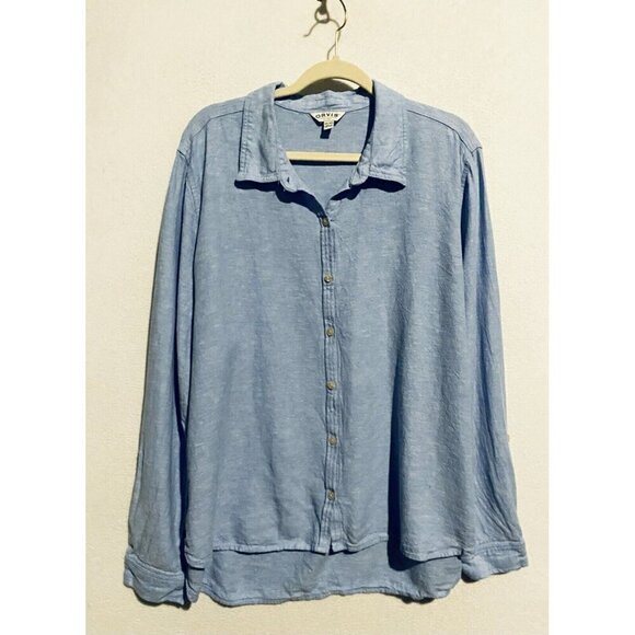 Orvis Top Womens XXL Blue Button Up Long Sleeve Hi Low Hem Linen Blend Classic - Picture 2 of 8